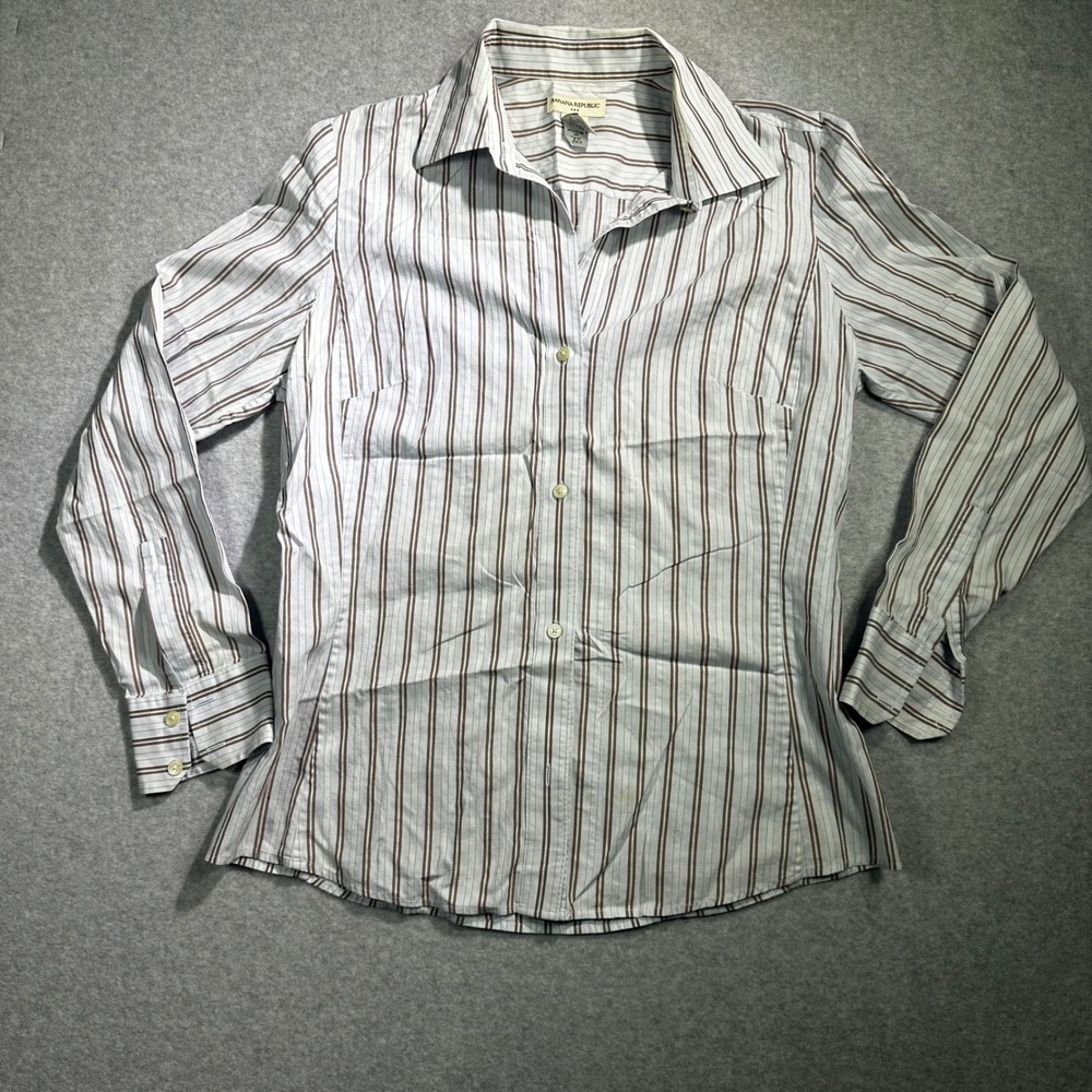 Banana Republic Womens Large Brown Blue Striped Cotton Button Down Shirt L